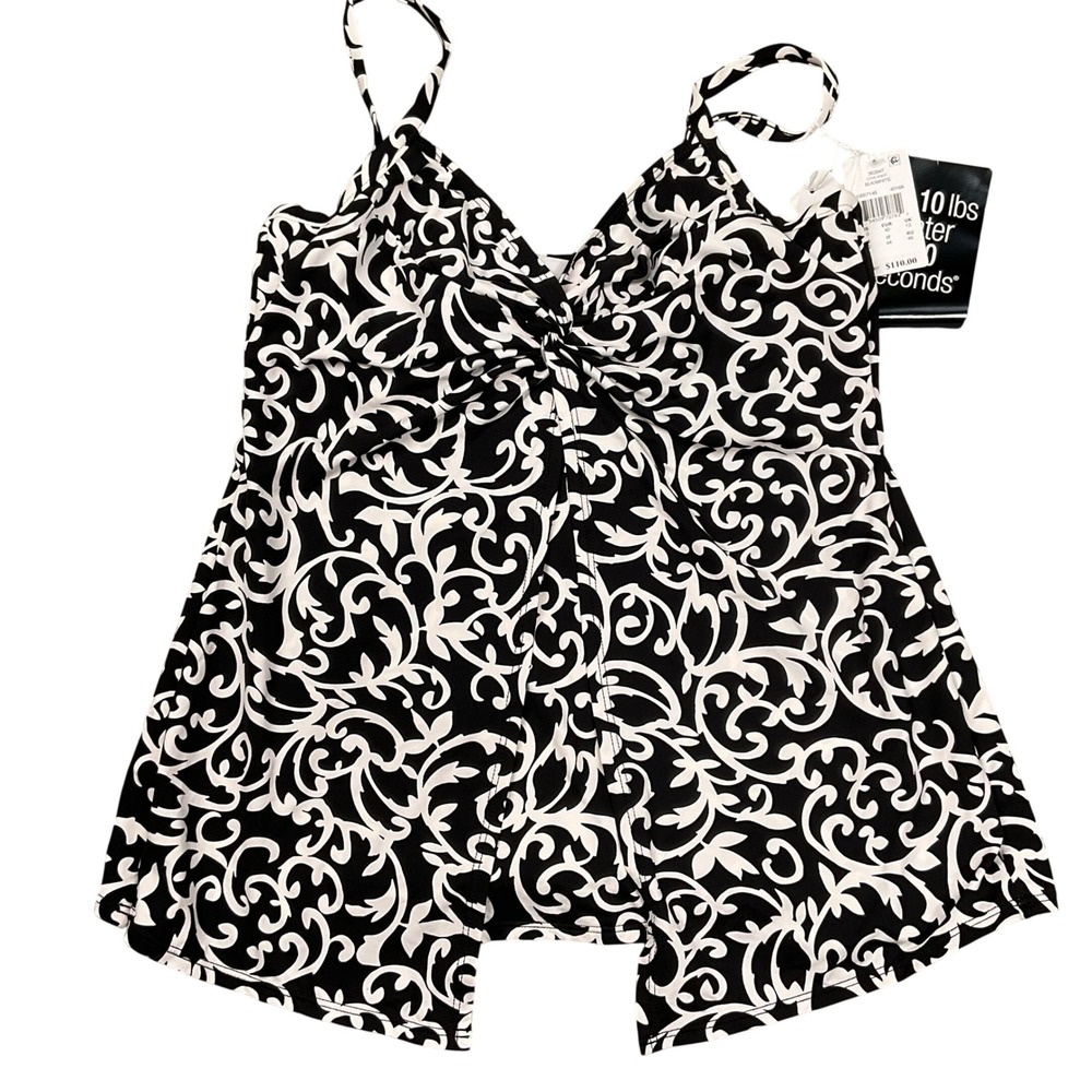 Miraclesuit Tankini Top Womens 10 Black White Scroll Love Knot Lagenlook NWT